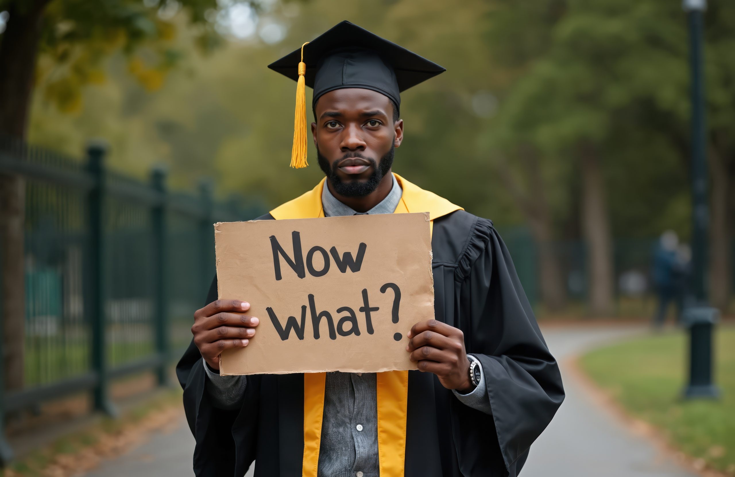 Afro-american graduate holds cardboard sign asking Now what after college graduation. Young man in cap and gown stressed, unemployed. Job searching in park after university employment issue.