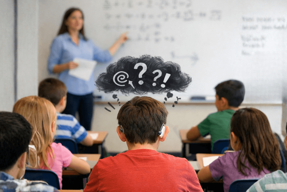 Deaf student sitting in a K 12 classroom looking confused while teacher lectures without visual access support