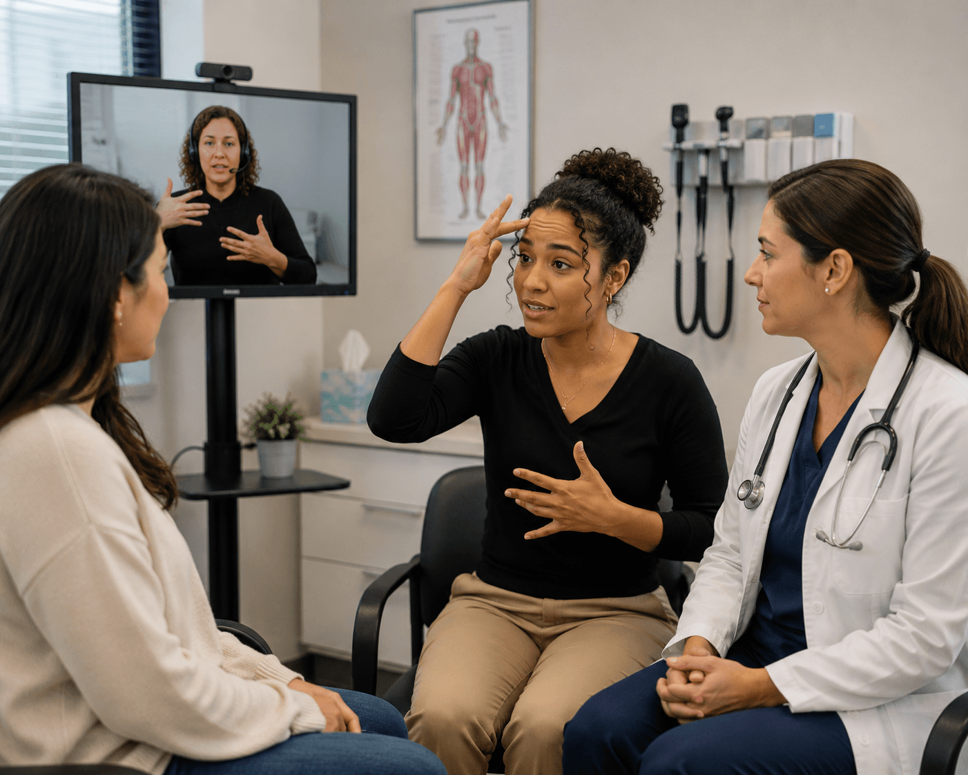A Deaf interpreter working with a patient and a physician in an exam room, with a remote interpreter on screen.