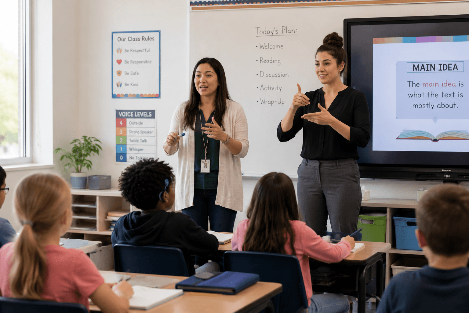 An ASL interpreter signing for a student during a K-12 classroom lesson.