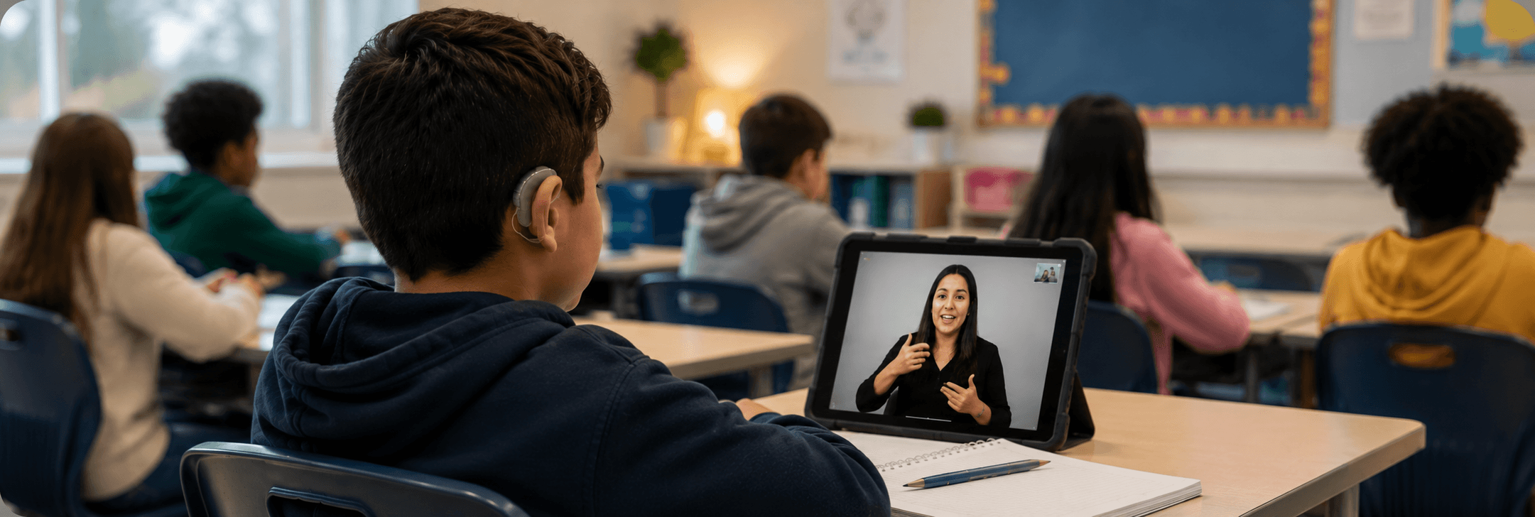 Student in a classroom with an interpreter on an iPad at the desk